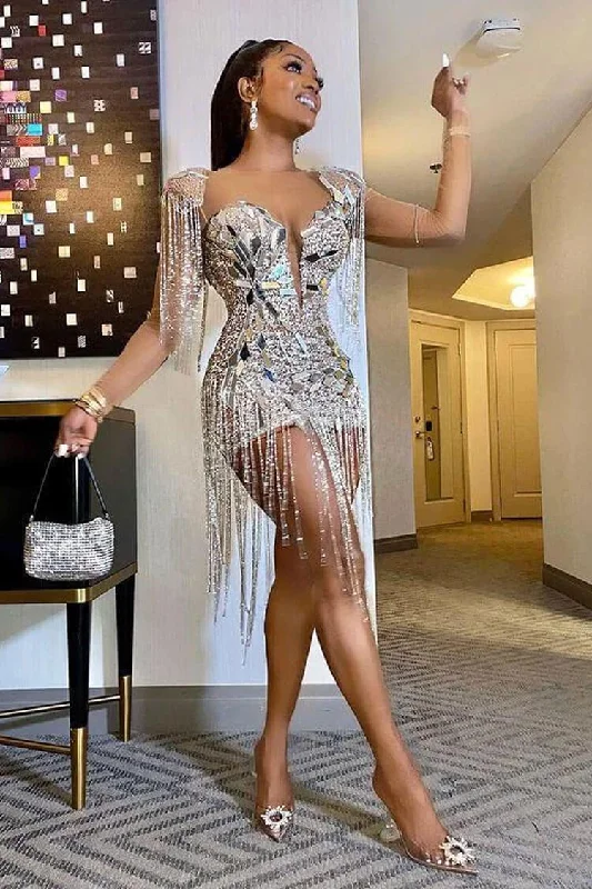 Sparkly Rhinestone Fringe Epaulet Sheer Mesh Sequin Party Mini Dress - Silver Classic Floral Mini Dress