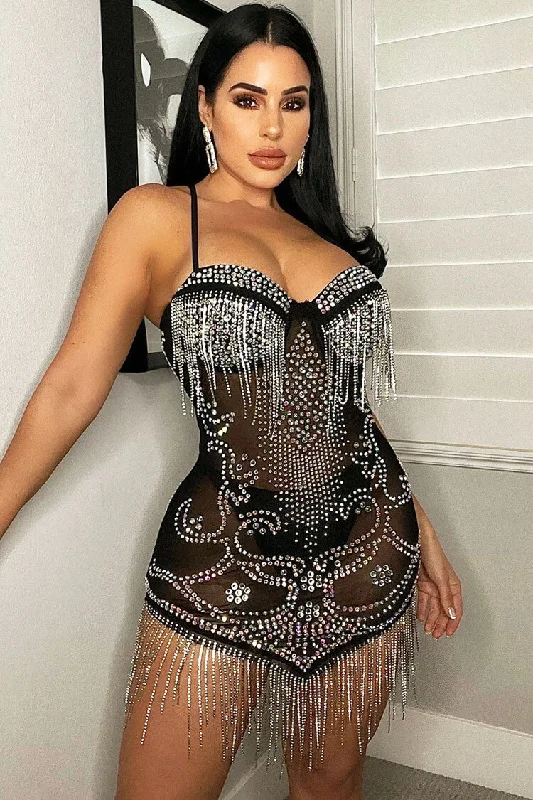 Sparkly Rhinestone Fringe Sweetheart Sheer Mesh Hanky Party Mini Dress - Black Fashionable Mini Dress with Slits