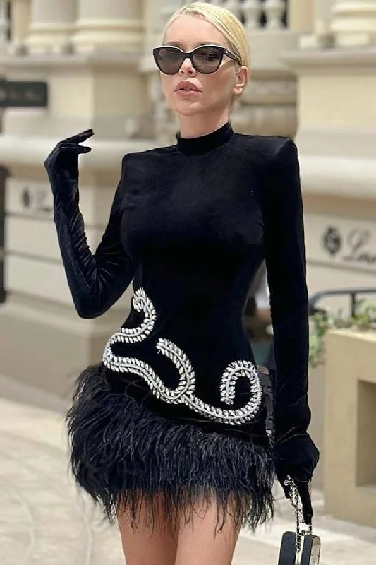 Sparkly Rhinestone Glove Long Sleeve Faux Feather Velvet Party Mini Dress - Black Fashionable Polka Dot Mini Dress