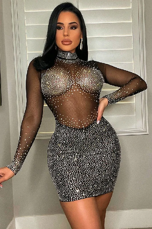 Sparkly Rhinestone High Neck Long Sleeve Mesh Panel Party Mini Dress - Black Trendy Off-Shoulder Dress Mini