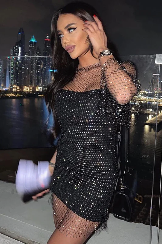 Sparkly Rhinestone Long Sleeve Fishnet Sheer Club Mini Dress - Black Chic Mini Dress with V-Neck