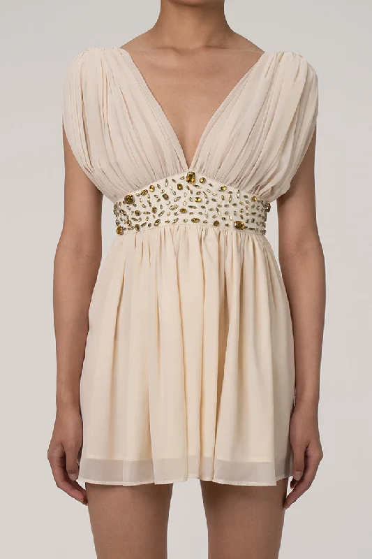Sparkly Rhinestone Plunge High Waist Gathered Chiffon Sleeveless Party Mini Dress Stylish Floral Print Mini Dress