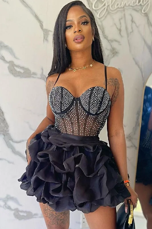 Sparkly Rhinestone Sheer Mesh Sleeveless Ruffle Party Mini Dress - Black Comfortable Shift Mini Dress