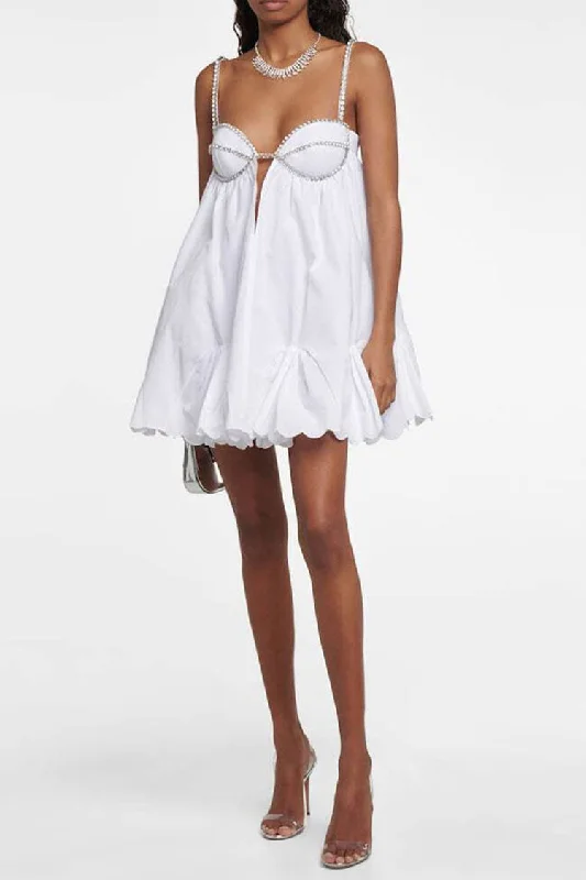 Sparkly Rhinestone Sweetheart Cutout Ruffled Babydoll Slip Party Mini Dress - White Stylish Plaid Mini Dress