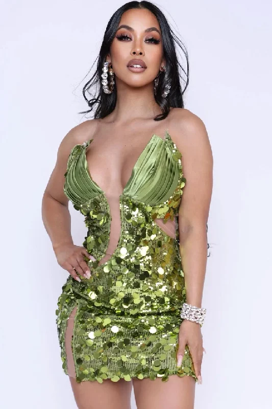 Sparkly Sequin Choker Deep V Sheer Mesh Bodycon Tube Party Mini Dress - Green Cozy Knit Mini Dress