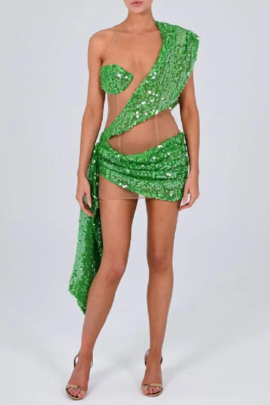 Sparkly Sequin Panel Sheer Mesh Ruched Draped Bodycon Club Mini Dress - Green Elegant Lace Mini Dress