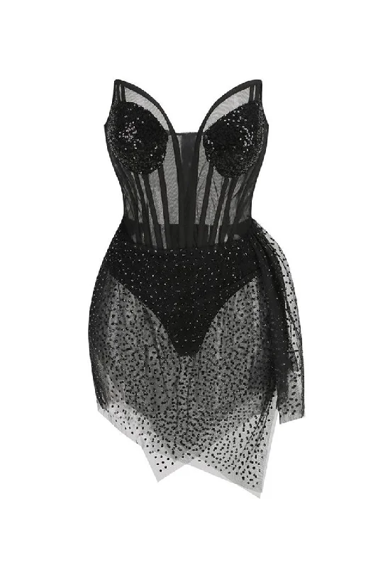 Sparkly Sequin Sweetheart Bustier Sheer Mesh Corset Rhinestone Club Mini Dress Fashionable Party Mini Dress