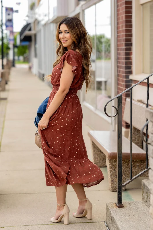 Spotted Wrap Top Midi Dress Comfortable Fit-and-Flare Midi Dress