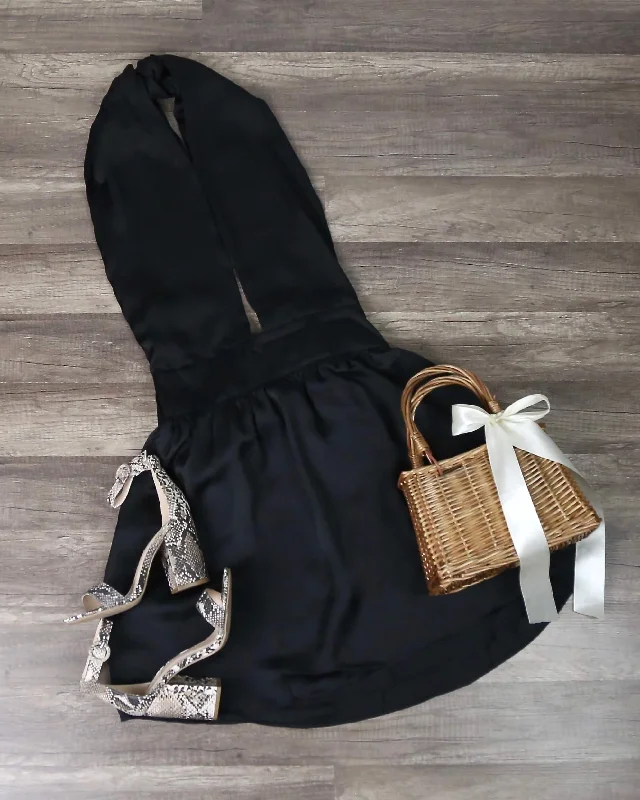 Starry Night Multi Way Wrap Satin Mini Dress in Black Stylish Short-Sleeve Mini Dress
