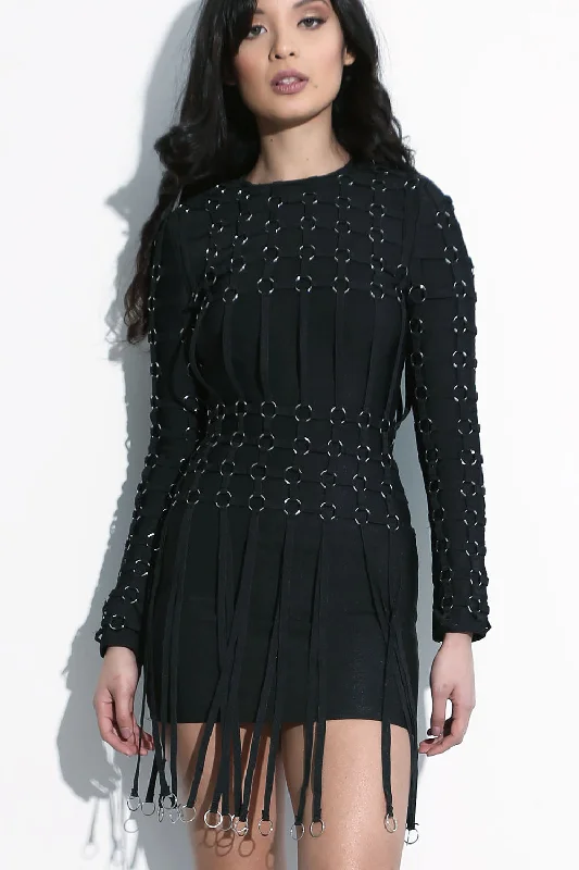 CELESTE | Women's Black Long Sleeve O Ring Mini Dress Elegant Velvet Mini Dress