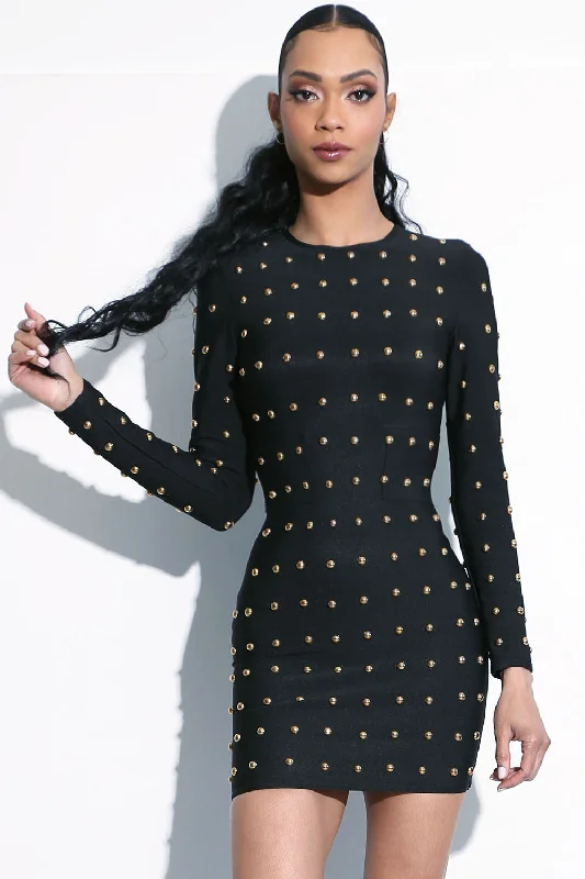 KARA | Women's Black Long Sleeve Gold Stud Mini Dress Classic Black Mini Dress