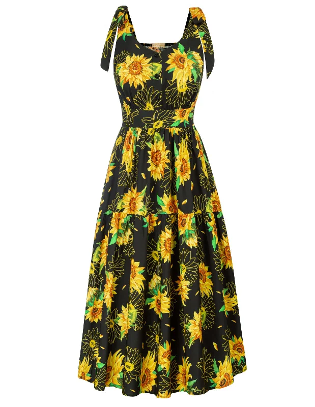 Sunflower Printed Tiered Midi Dress Sleeveless V-Neck Defined Waist A-Line Dress Elegant Maxi-Midi Hybrid Dress