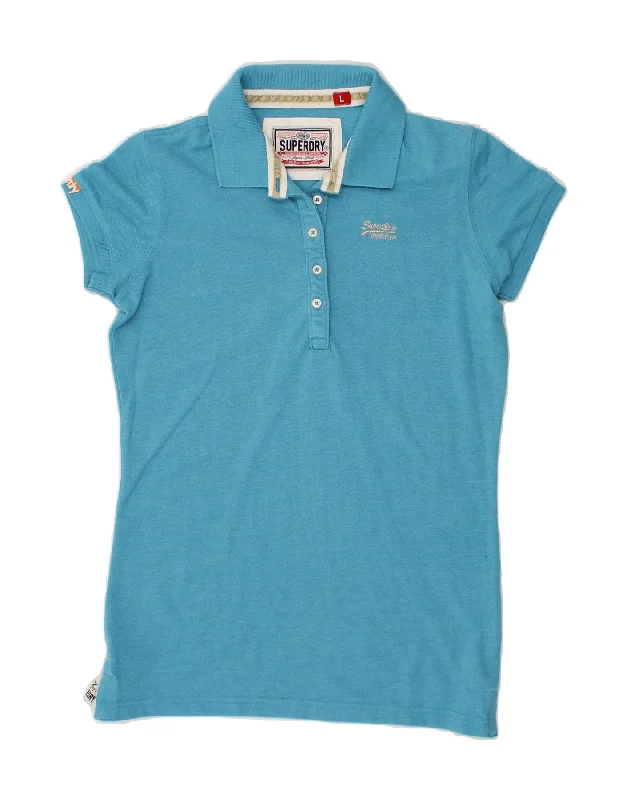 SUPERDRY Womens Polo Shirt UK 14 Large Blue Cotton Modern Fit Short Sleeve