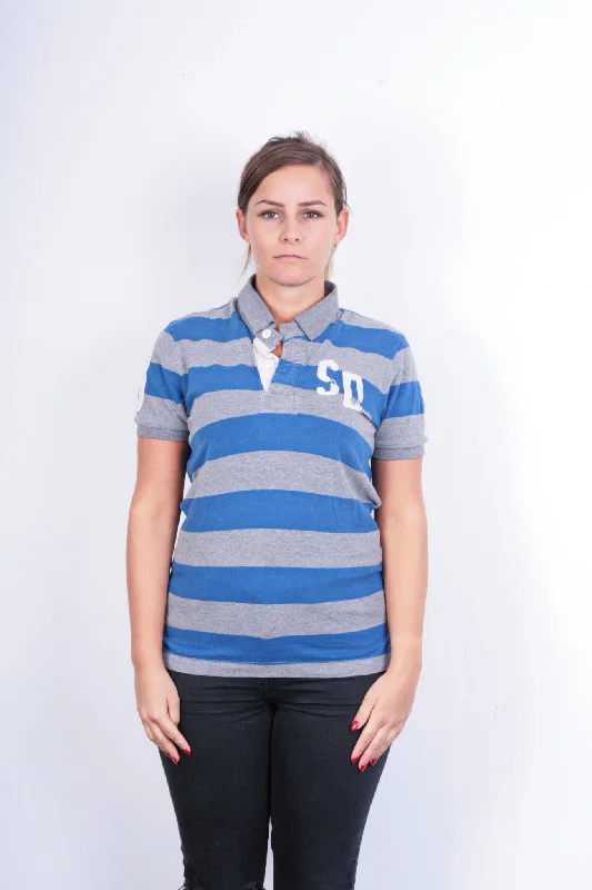 Superdry Womens S Polo Shirt Grey Cotton Striped Trendy Summer Short Sleeve