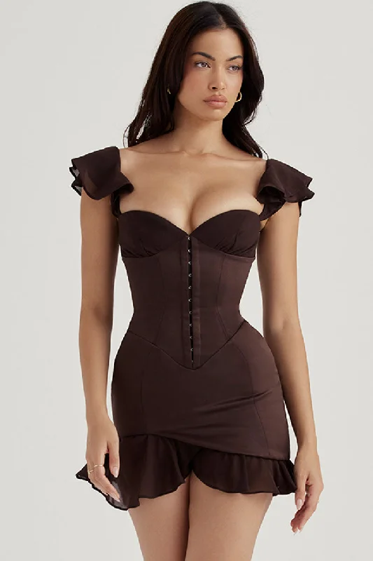 Swingy Chiffon Ruffle Bustier Satin Slip Party Mini Dress - Chocolate Classic Floral Mini Dress