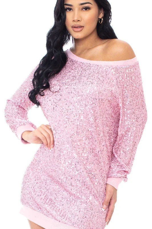 Sequin Wide Neck Boxy Mini Dress Elegant Lace-Up Mini Dress