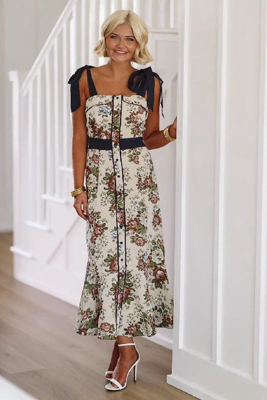Tapestry Midi Dress  Taupe Chic Bohemian Midi Dress