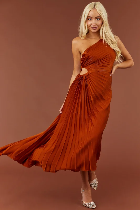 Tawny One Shoulder Side Cut Out Pleated Midi Dress Comfortable Casual Midi Dress