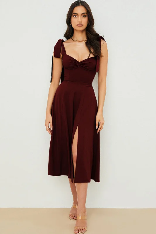 Tie Strap Fit & Flare High Slit Slip Midi Dress - Dark Wine Fashionable Sheer Sleeve Midi Dress