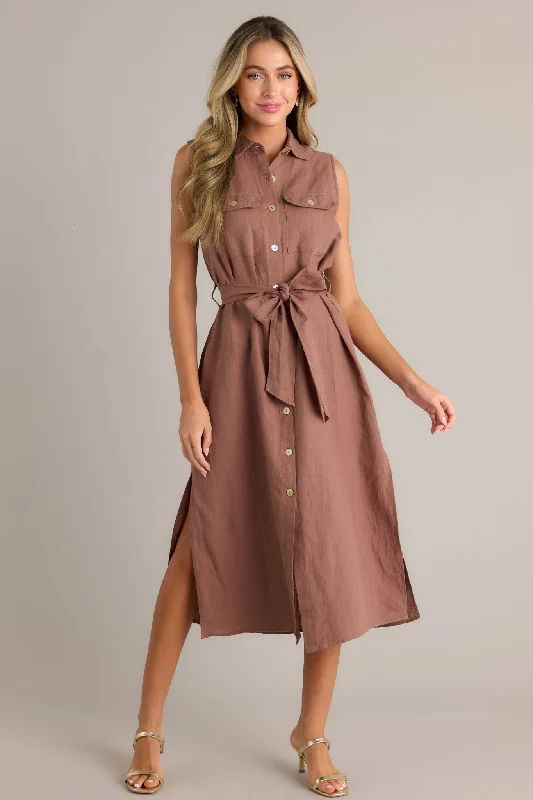Timeless Grace Brown Tie-Front Midi Dress Trendy Tiered Hem Midi Dress