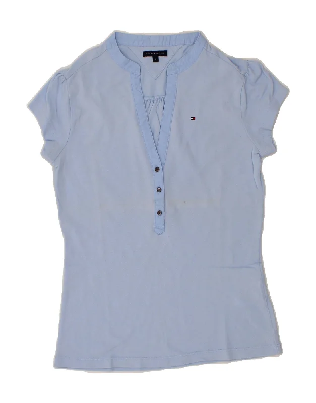 TOMMY HILFIGER Womens Polo Shirt UK 10 Small Blue Cotton Cozy Linen Short Shirt