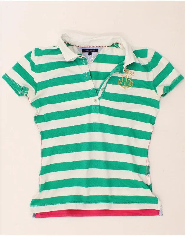 TOMMY HILFIGER Womens Polo Shirt UK 10 Small Green Striped Cotton Stylish Short Sleeve Polo TOMMY HILFIGER Womens Polo Shirt UK 10 Small Green Striped Cotton Stylish Short Sleeve Polo