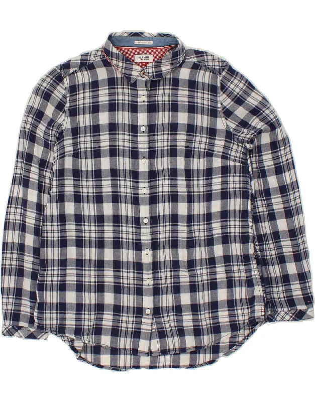 TOMMY HILFIGER Womens Shirt UK 14 Medium Navy Blue Check Cotton Modern Casual Short Sleeve TOMMY HILFIGER Womens Shirt UK 14 Medium Navy Blue Check Cotton Modern Casual Short Sleeve