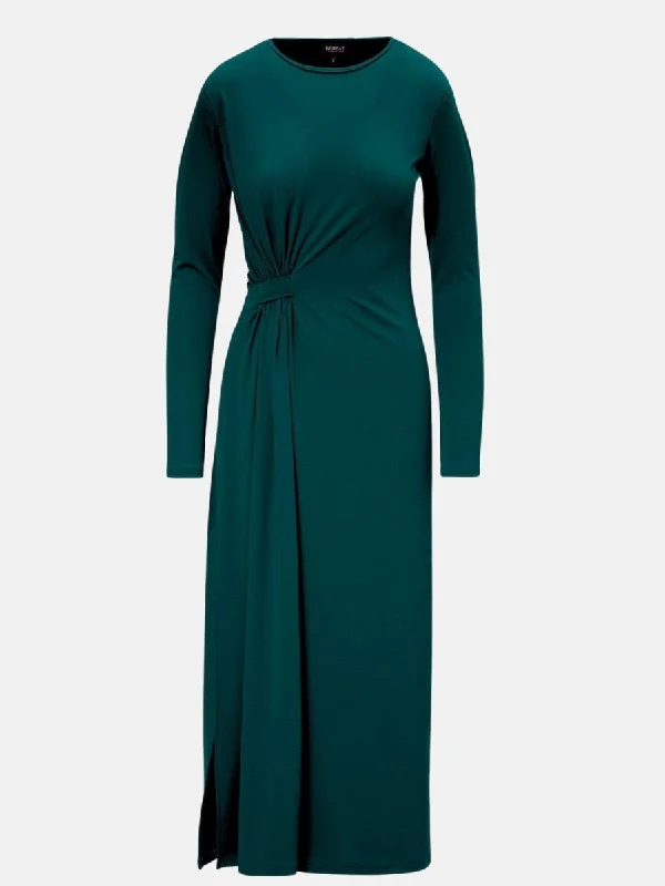 Dark Green Midi Dress With Side-Knot Stylish Pleated Skirt Midi Dress