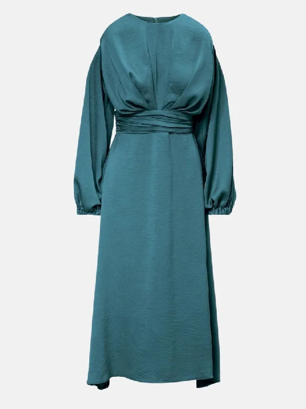 Turquoise Midi Dress With Shoulder Pads Detail And Pleats Fashionable Polka Dot Midi Dress