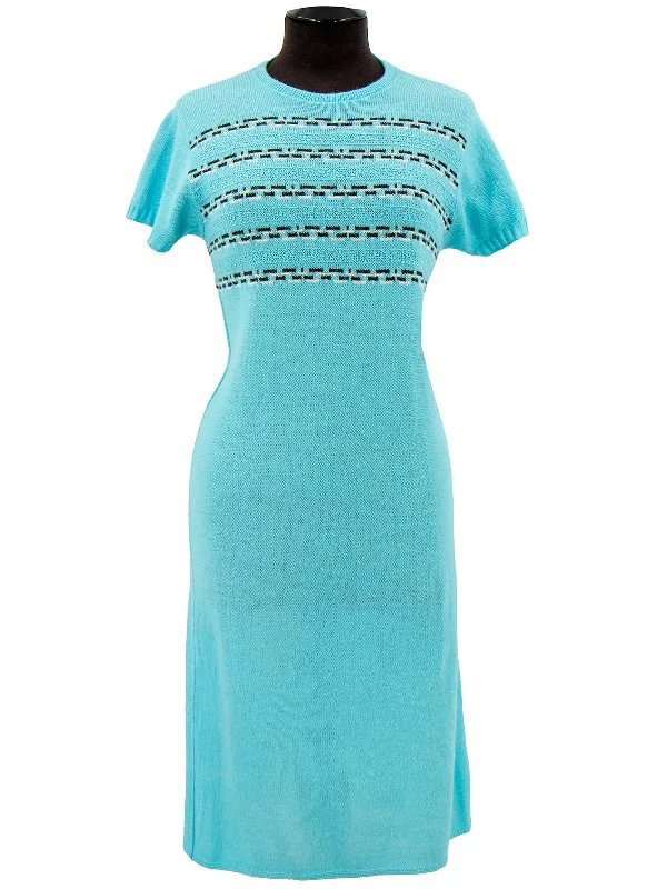 Vintage 1950s Cyan Blue Knitted Midi Dress Trendy Square Neck Midi Dress