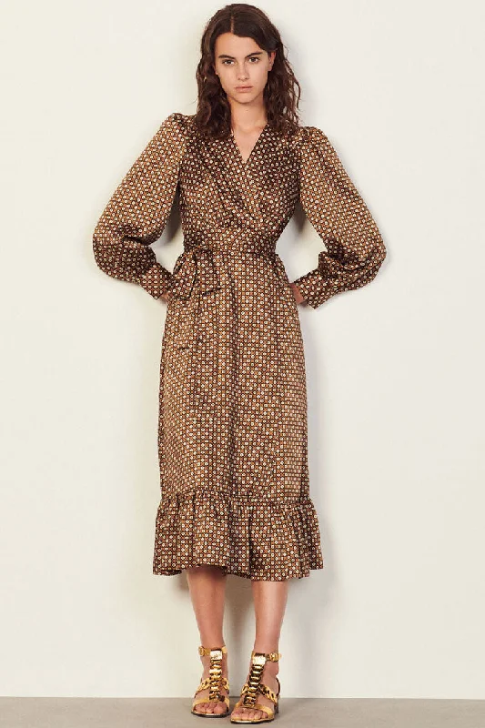 Vintage Floral Printed Long Sleeve Ruffle Wrap Midi Dress - Coffee Comfortable Button Front Midi Dress Vintage Floral Printed Long Sleeve Ruffle Wrap Midi Dress - Coffee Comfortable Button Front Midi Dress