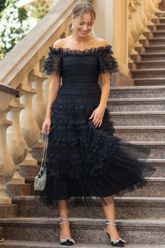Vintage Layered Ruffle Off Shoulder Dotted Tulle Cocktail Midi Dress - Black Trendy Bodycon Midi Dress Vintage Layered Ruffle Off Shoulder Dotted Tulle Cocktail Midi Dress - Black Trendy Bodycon Midi Dress