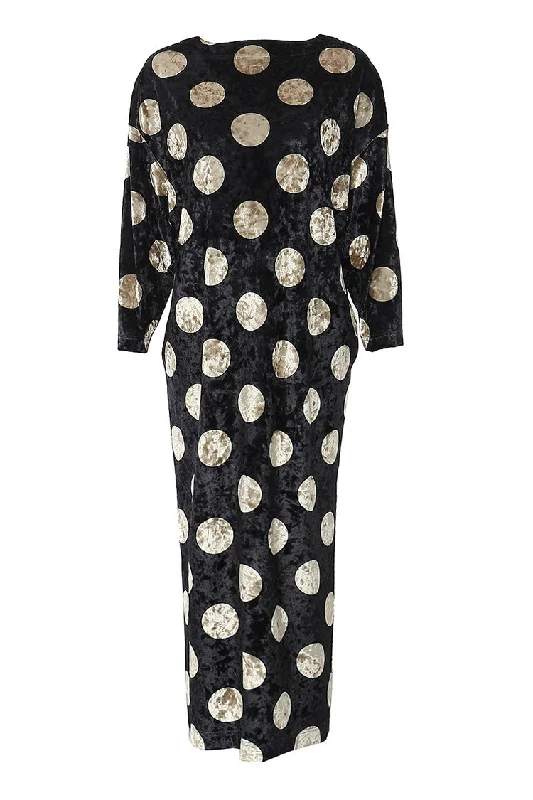 Vintage Polka Dot Round Neck 3/4 Sleeve Side Slit Cocoon Velvet Midi Dress Trendy Fit-and-Flare Midi Dress Vintage Polka Dot Round Neck 3/4 Sleeve Side Slit Cocoon Velvet Midi Dress Trendy Fit-and-Flare Midi Dress