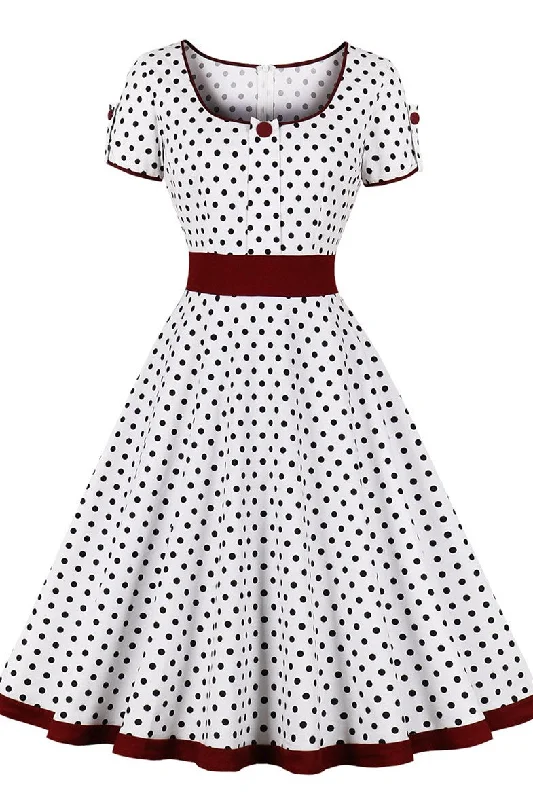 Vintage Polka Dot Short Sleeve A-Line Midi Dress Comfortable Ribbed Midi Dress