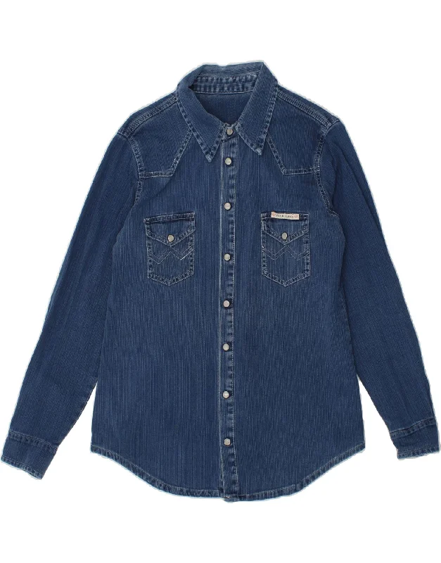 VINTAGE Womens Denim Shirt IT 46 Large Blue Pinstripe Stylish Short Sleeve Polo