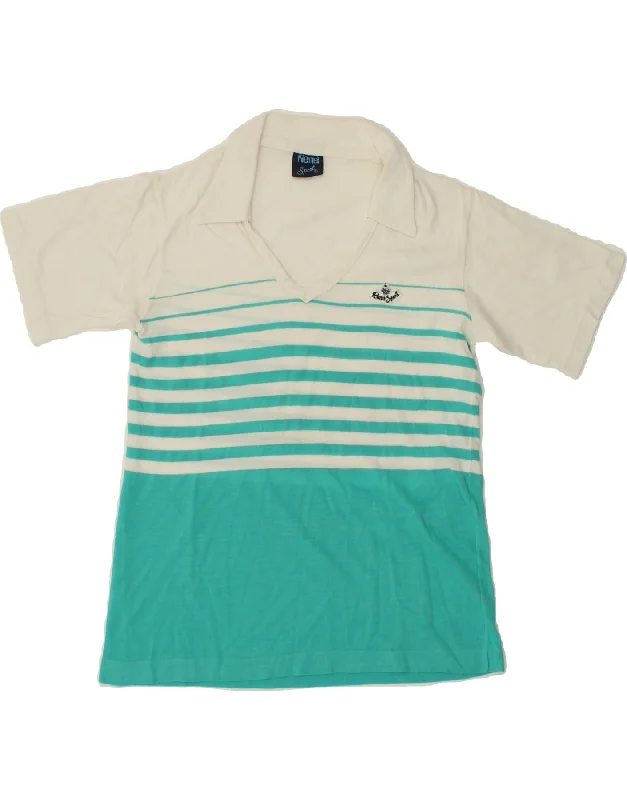 VINTAGE Womens Polo Shirt IT 42 Medium Turquoise Striped Fashionable Draped Short Sleeve VINTAGE Womens Polo Shirt IT 42 Medium Turquoise Striped Fashionable Draped Short Sleeve