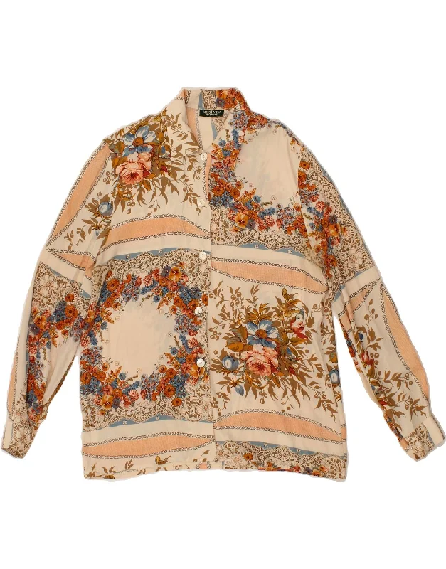 VINTAGE Womens Shirt Blouse IT 42 Medium Beige Floral Acetate Fashionable Draped Short Sleeve