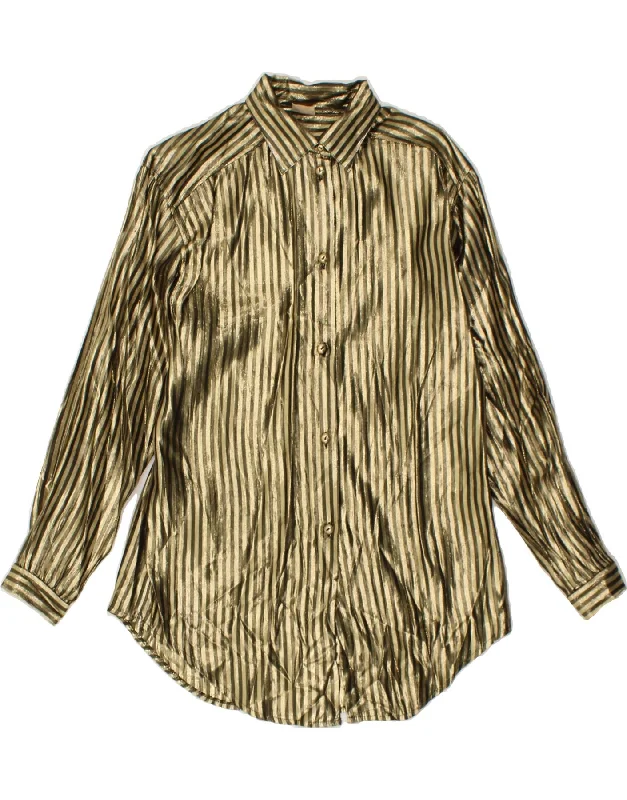 VINTAGE Womens Shirt Blouse IT 42 Medium Gold Striped Viscose Soft Cotton Short Shirt VINTAGE Womens Shirt Blouse IT 42 Medium Gold Striped Viscose Soft Cotton Short Shirt