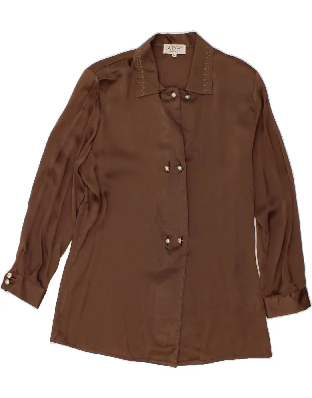 VINTAGE Womens Shirt Blouse IT 44 Medium Brown Acetate Stylish Pleated Short Sleeve