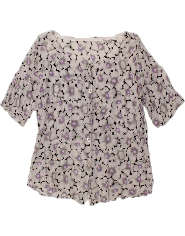 VINTAGE Womens Shirt Blouse UK 14 Medium Grey Floral Chic Button-Up Short Shirt