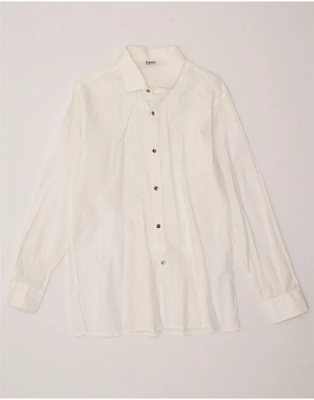 VINTAGE Womens Shirt UK 14 Large Off White Geometric Soft Cotton Short Tee