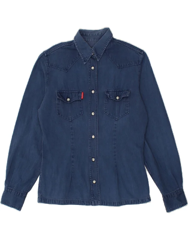 VINTAGE Womens Shirt UK 14 Medium Navy Blue Cotton Casual Button-Up Short Tee