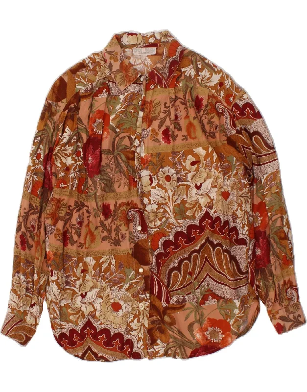 VINTAGE Womens Shirt UK 16 Large Brown Floral Comfortable Loose Short Sleeve