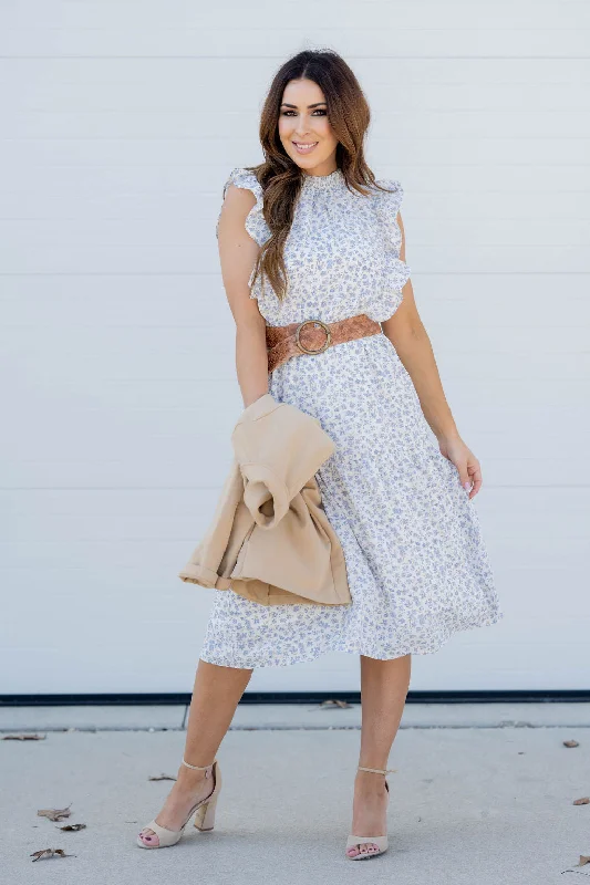 Violets Ruffle Trim Tiered Midi Dress Elegant Floral Midi Dress