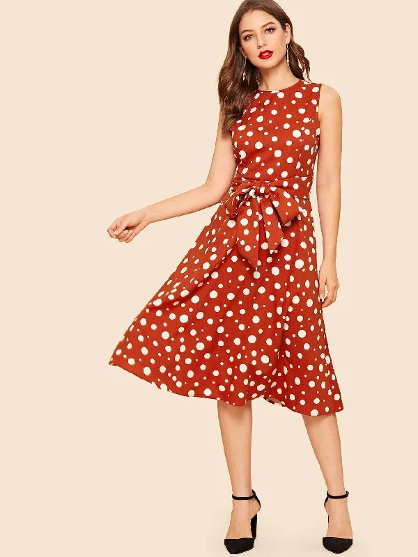 Waist Belted Polka Dot Midi Dress Elegant Pleated Sleeve Midi Dress