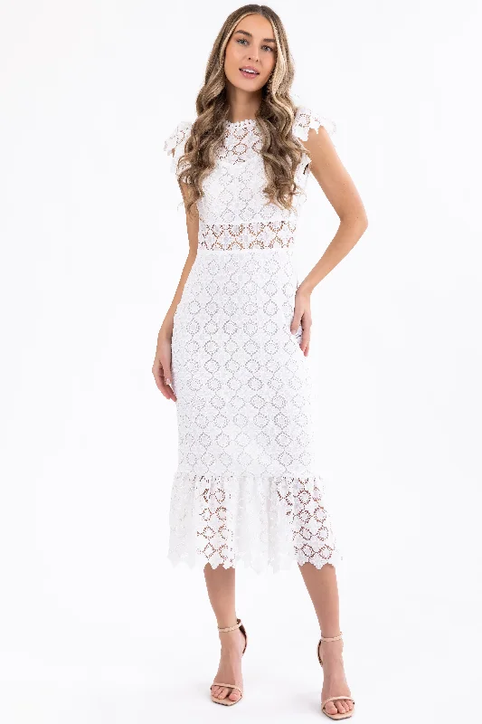 White Eyelet Lace Ruffle Hem Midi Dress Elegant Satin Button Midi Dress