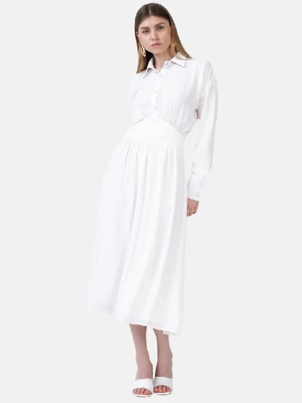 White Midi Dress With Button And Corset Trendy Smocked Detail Midi Dress