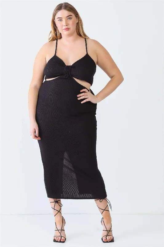 Junior Plus Black Ribbed Bow Cut-Out Sleeveless Strappy Midi Dress /1-1-1 Comfortable Ruched Midi Dress Junior Plus Black Ribbed Bow Cut-Out Sleeveless Strappy Midi Dress /1-1-1 Comfortable Ruched Midi Dress