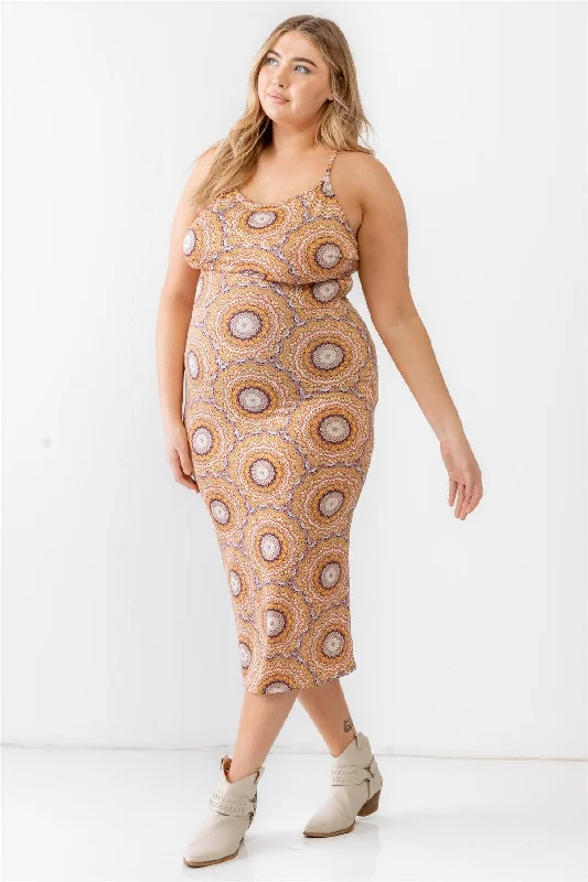 Plus Size Mustard Retro Abstract Print Sleeveless Midi Dress Comfortable Empire Waist Midi Dress Plus Size Mustard Retro Abstract Print Sleeveless Midi Dress Comfortable Empire Waist Midi Dress