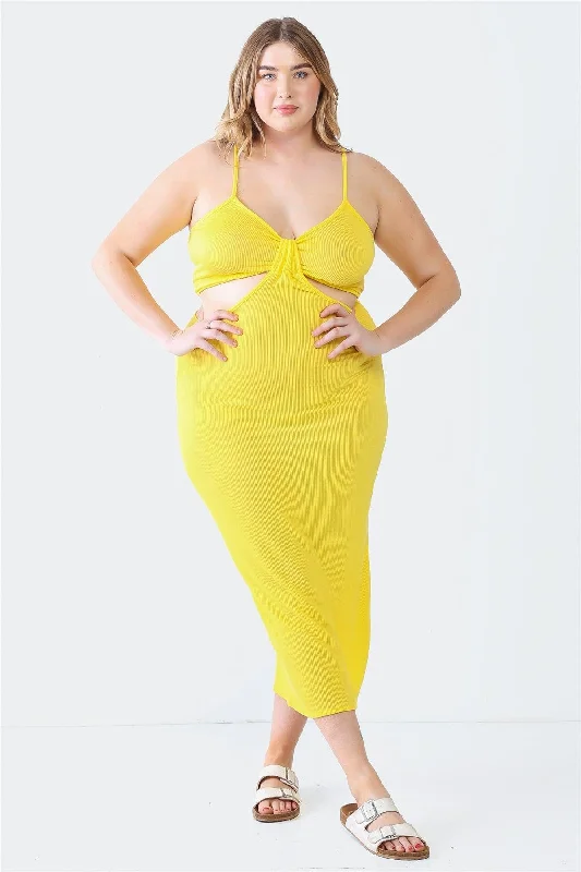 Plus Size Ribbed Bow Cut-Out Sleeveless Midi Dress Cozy Wide Strap Midi Dress